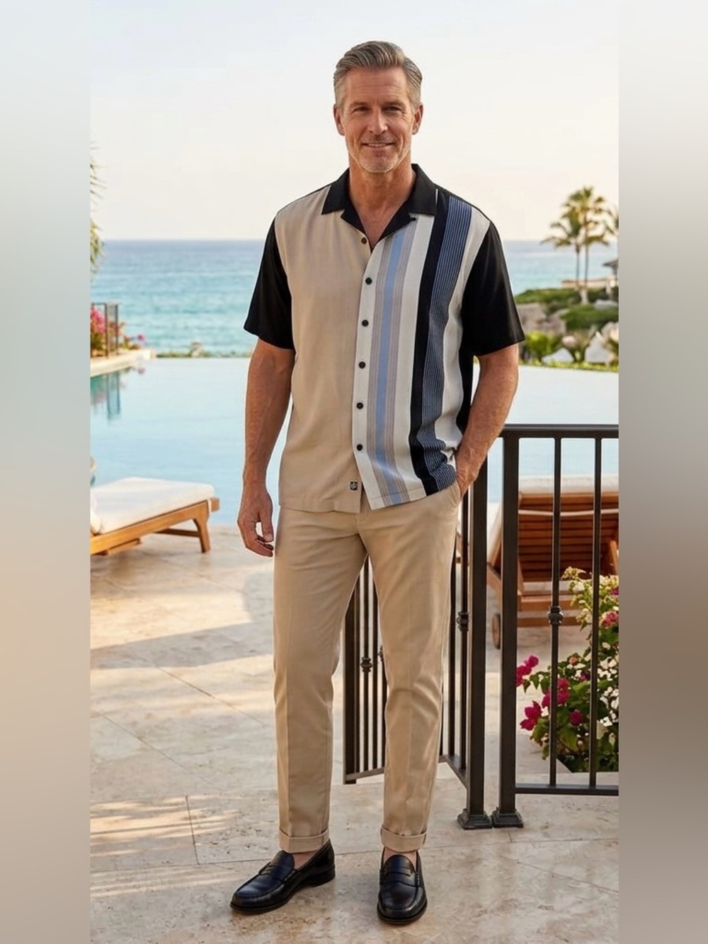 Nat Nast Men’s Silk Button Down - Retro Bowling Style - Tan & Black - Sized L